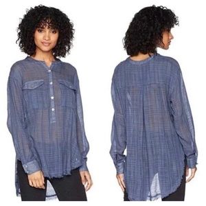 Free People Talk To Me Blue Plaid Gauzy Popover Shirt